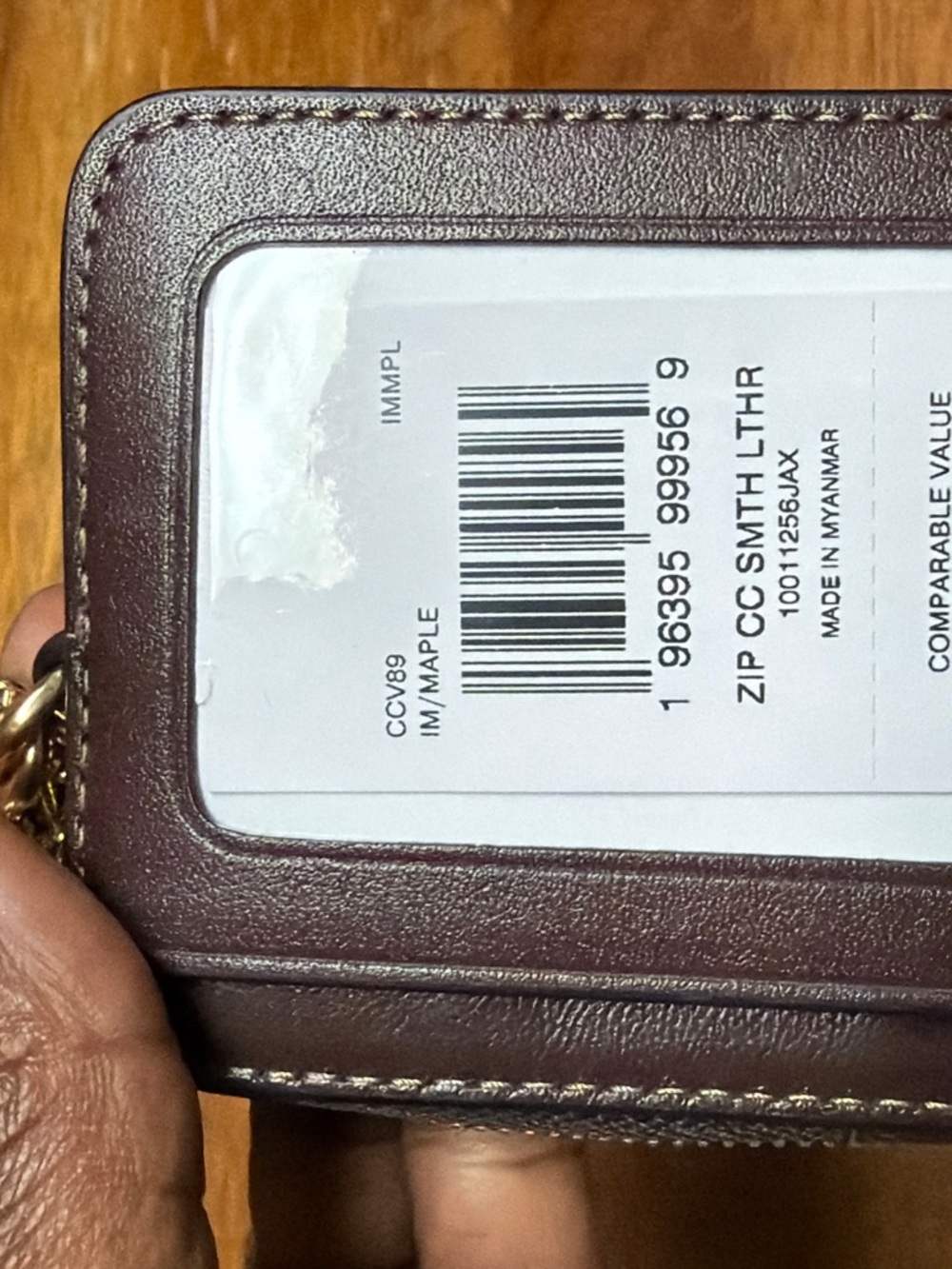 Coach Leather Zip Card Case in Maple Brown with Chain